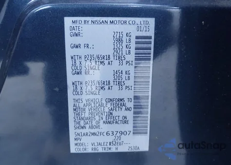 2015 Nissan Pathfinder Platinum/S/Sl/Sv from USA, damaged, VIN 5N1AR2MN2FC637907
